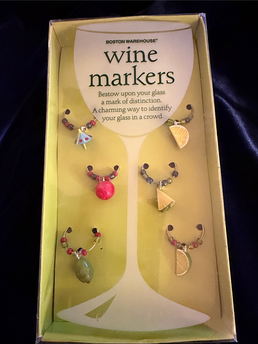 Wine charms set of 6 NIB fruit (lemon lime orange pineapple olive mini umbrella)